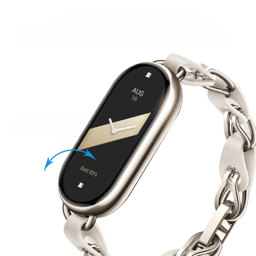 Eine stylische ENKAY-Smartwatch mit einem Gliederarmband zeigt Uhrzeit, Datum und 85 % Akkustand an – kompatibel mit Xiaomi Smart Band 9 und koppelbar mit der ENKAY Xiaomi Smart Band 9 – 2 Stück Display-Schutzfolie PET für zusätzlichen Bildschirmschutz.