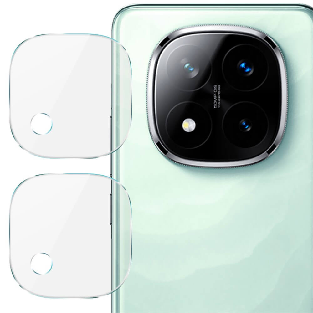 Der Imak 2 Stk. Panzerglas Kamera-Objektivschutz ist neben dem Xiaomi Redmi Note 14 Pro+ Plus mit Dreifachkameramodul auf hellem Hintergrund abgebildet.