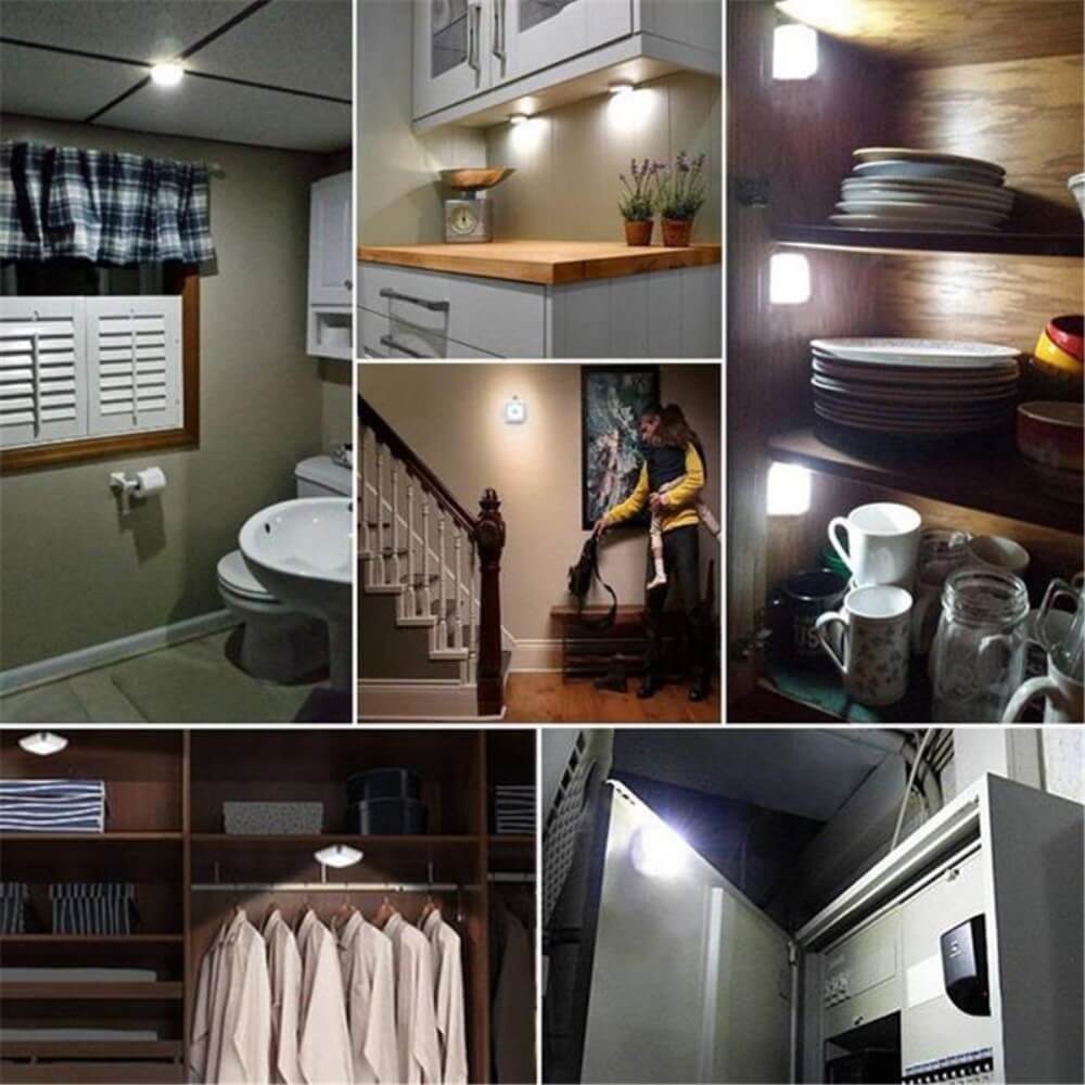 Beleuchtet werden diverse Räume und Regale durch das Cover-Discount 3er Set LED Licht mit Sensor Triangle, kleine batteriebetriebene LEDs mit Bewegungsmelder.