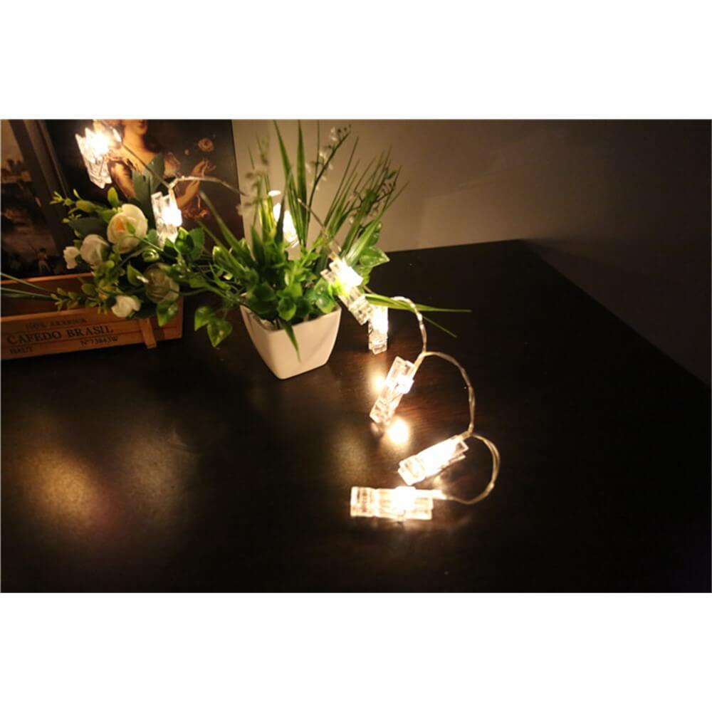 Eine Pflanze in einem weißen Topf wird mit der Cover-Discount Lichterkette LED Fotoklammer, batteriebetrieben, auf einer dunklen Tischplatte in ein gemütliches Licht getaucht.