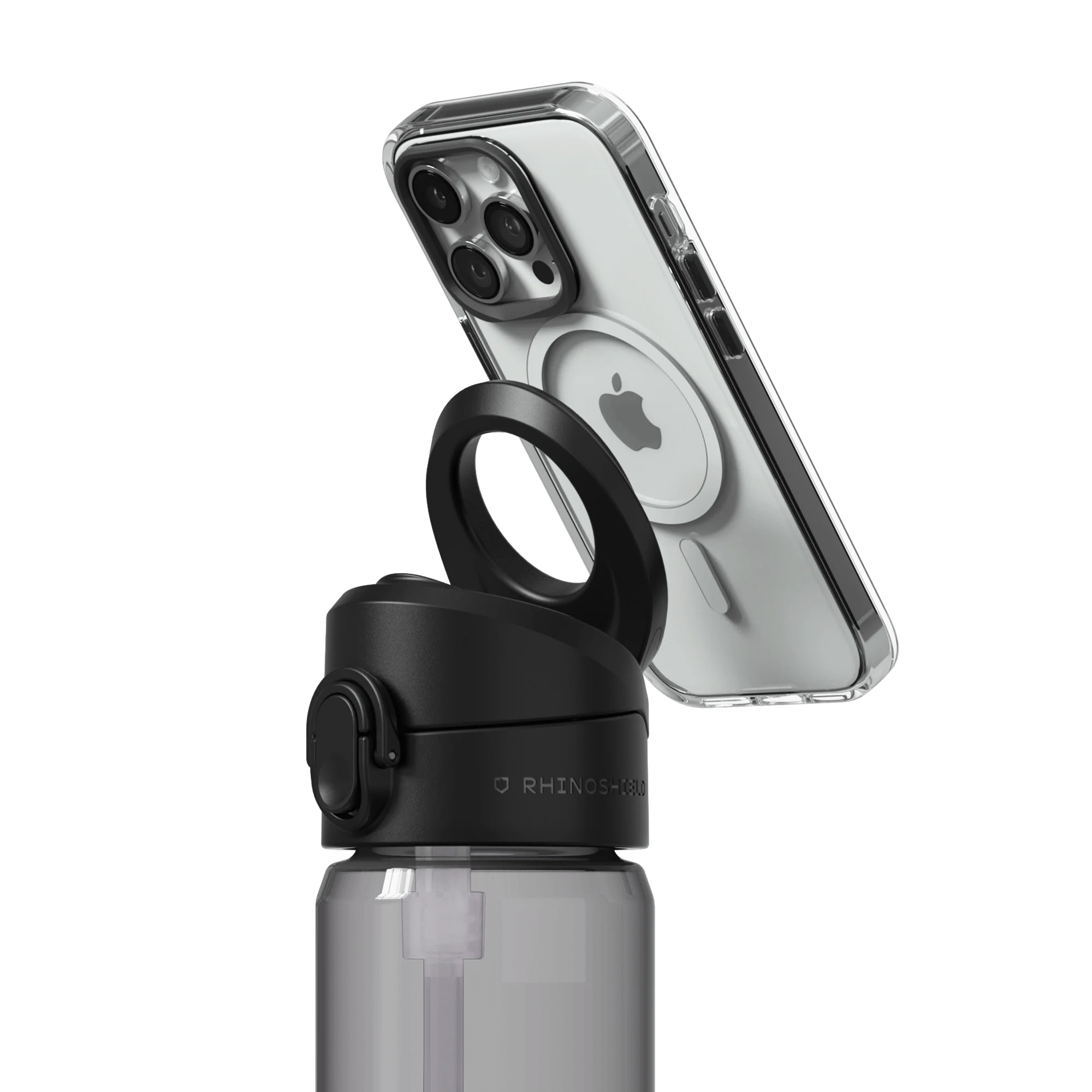 Auf dem Deckel der grauen AquaStand Tritan 800mL Wasserflasche von Cover-Discount.ch mit schwarzem Griff ist ein Handy mit MagSafe Hülle befestigt.