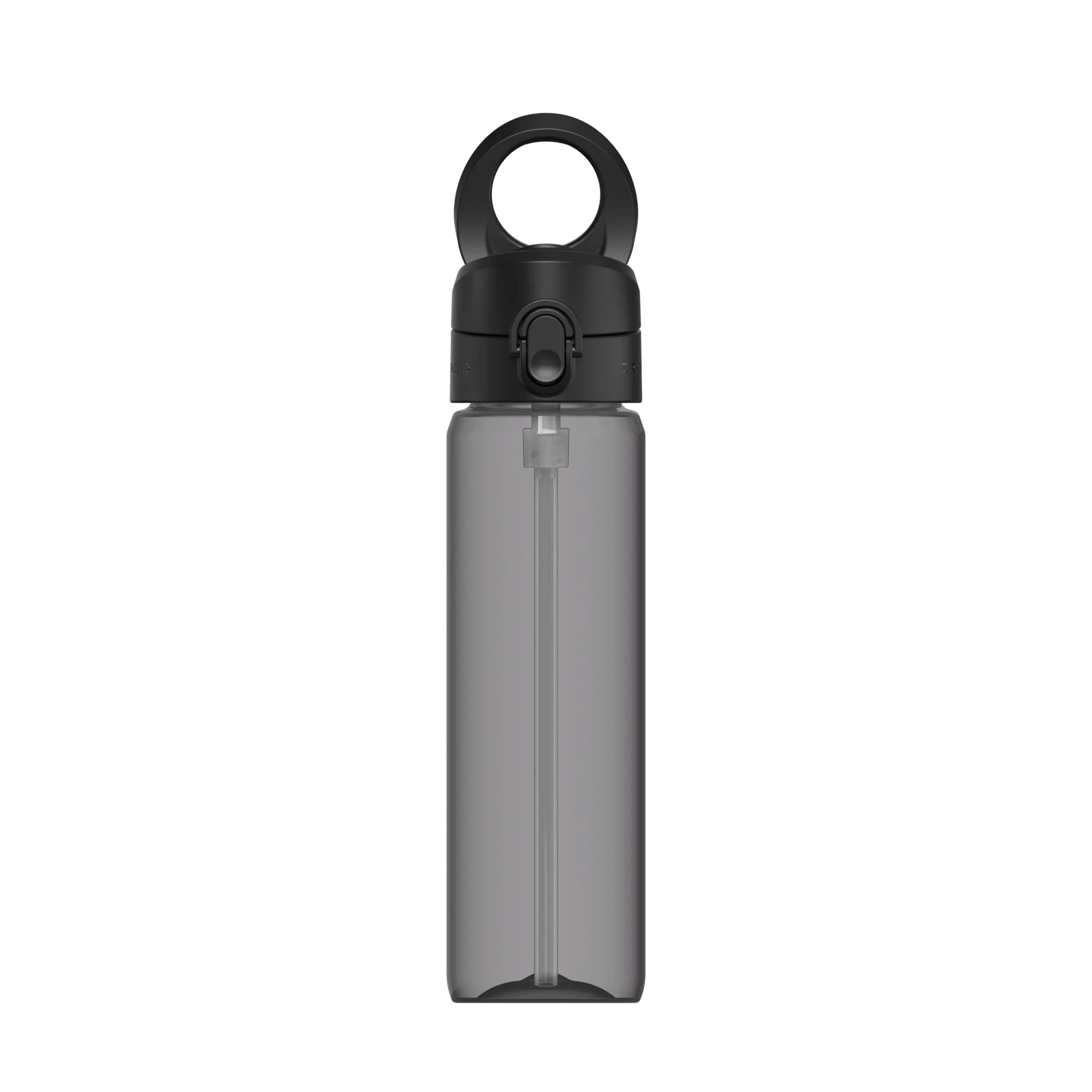 Die AquaStand Tritan 800mL von Cover-Discount.ch ist eine durchsichtige graue Wasserflasche mit schwarzem Flip-Top-Deckel und einem runden Tragegriff.
