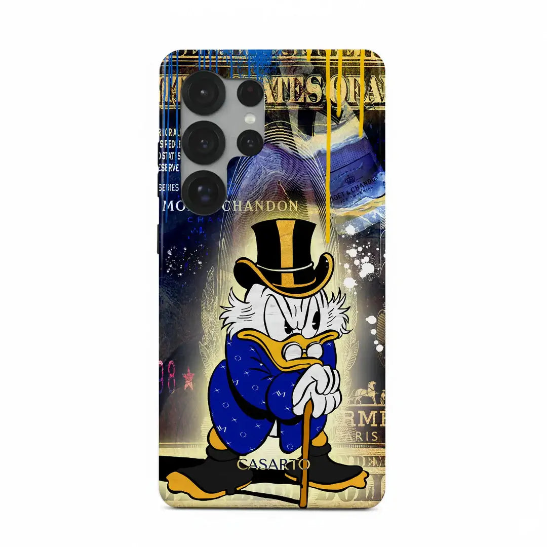 Das Cover-Discount Galaxy S25 - Casarto Handyhülle Golden View zeigt eine verspielte Cartoon-Ente im blauen Anzug und Zylinder auf einem Hintergrund im Graffiti-Stil und verleiht Ihrem Handy einen lebendigen Charme.