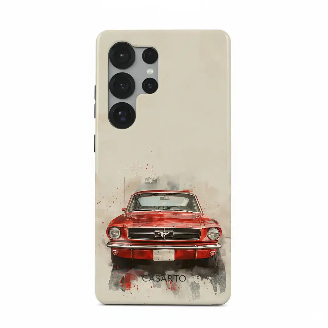 Limitierte Casarto Galaxy S25 Handyhülle mit dem Bild eines roten klassischen Ford Mustang auf beige. MagSafe kompatibel für kabelloses Laden und stylischen Schutz.