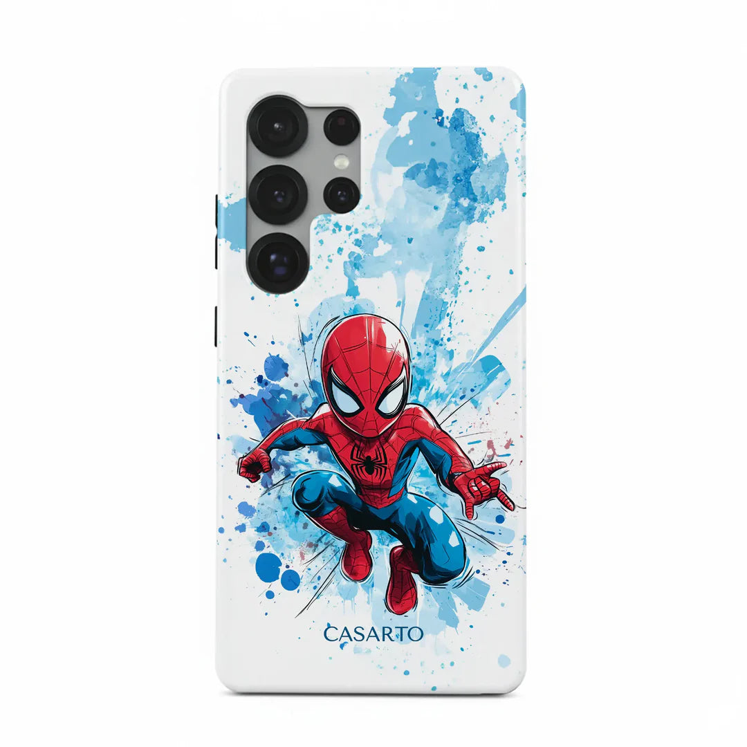 Casarto Handyhülle für iPhone 17 Pro Max mit Cartoon Spider-Man, blauem Splash-Hintergrund und CASARTO-Schriftzug. MagSafe-kompatibel.