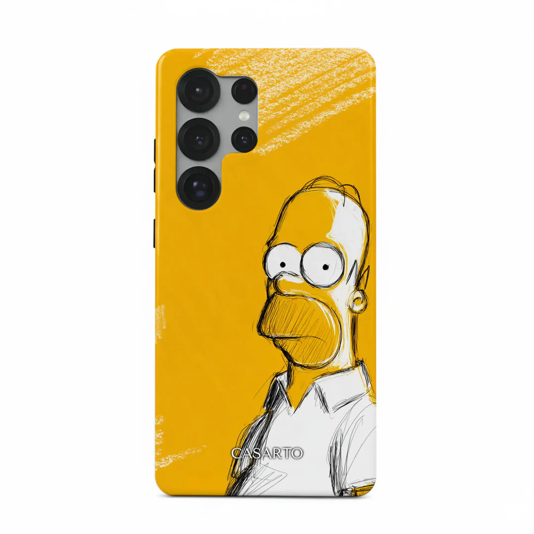 Die Cover-Discount iPhone 17 Pro Max - Casarto Handyhülle "No thoughts" zeigt eine gelbe Hülle mit einem Cartoon-Mann mit Brille und weißem Hemd im Sketch-Stil und bietet Rundumschutz Smartphone Case Schutz.