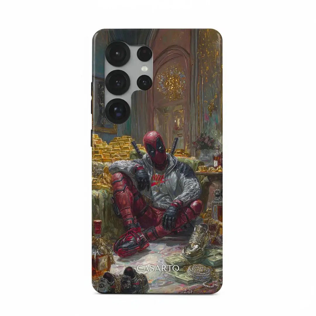 Die Cover-Discount Galaxy S25 - Casarto Handyhülle Deadrich stellt Deadpool inmitten von Goldbarren und Luxus dar und bietet ultimativen Stil und Schutz. Auch erhältlich als Opulent Limited Art Case mit MagSafe-Kompatibilität.