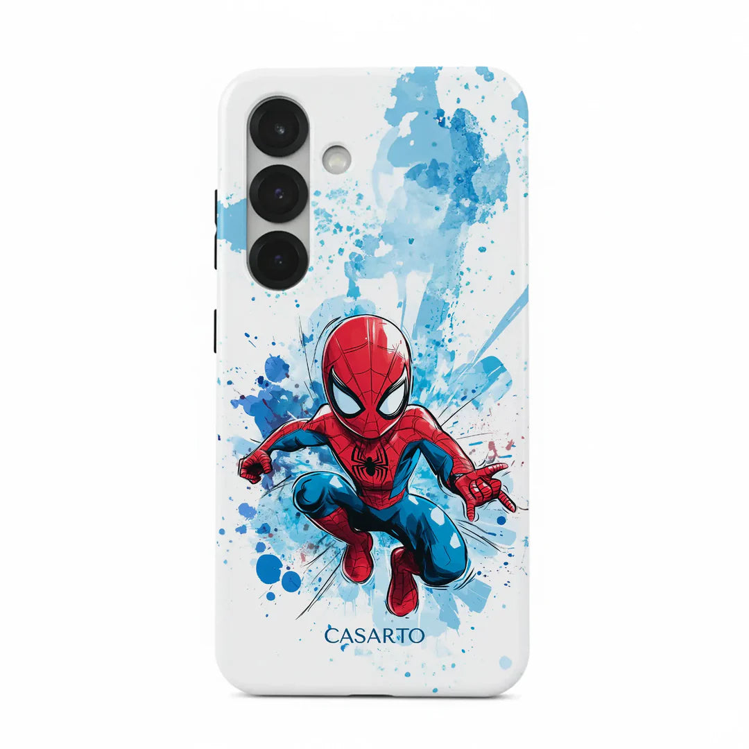 Casarto Galaxy S25 Ultra Handyhülle: Spider-Man kauernd mit blauen Farbspritzern. MagSafe kompatibel für einfache Befestigung.