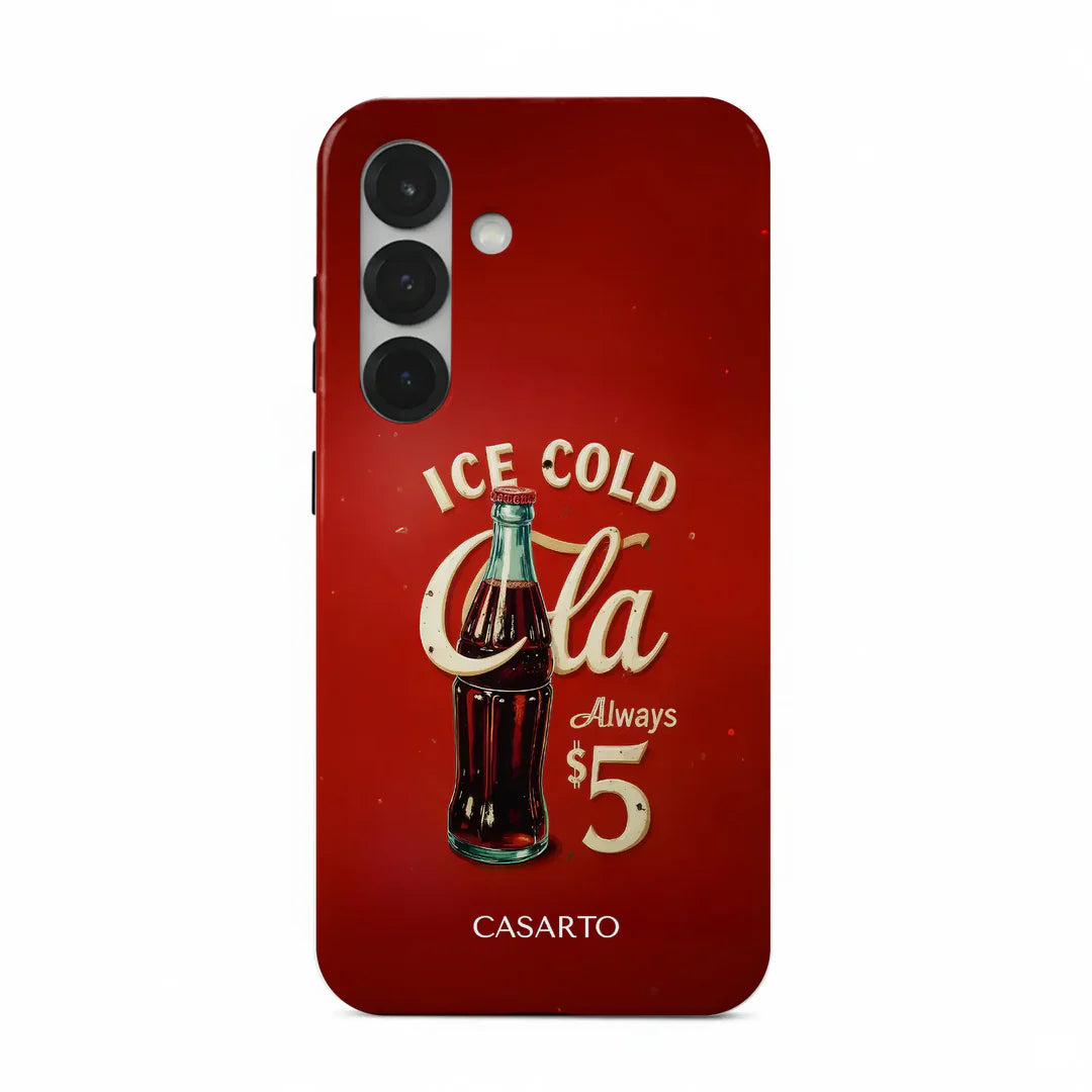Rote Handytasche für das Galaxy S25 Ultra mit Vintage-Cola-Design "Taste the Feeling", Cola-Flaschen-Grafik und Casarto-Branding. Die limitierte Art Edition sorgt für einen einzigartigen Touch. MagSafe-kompatibel für die einfache Verwendung mit Ihren Geräten.