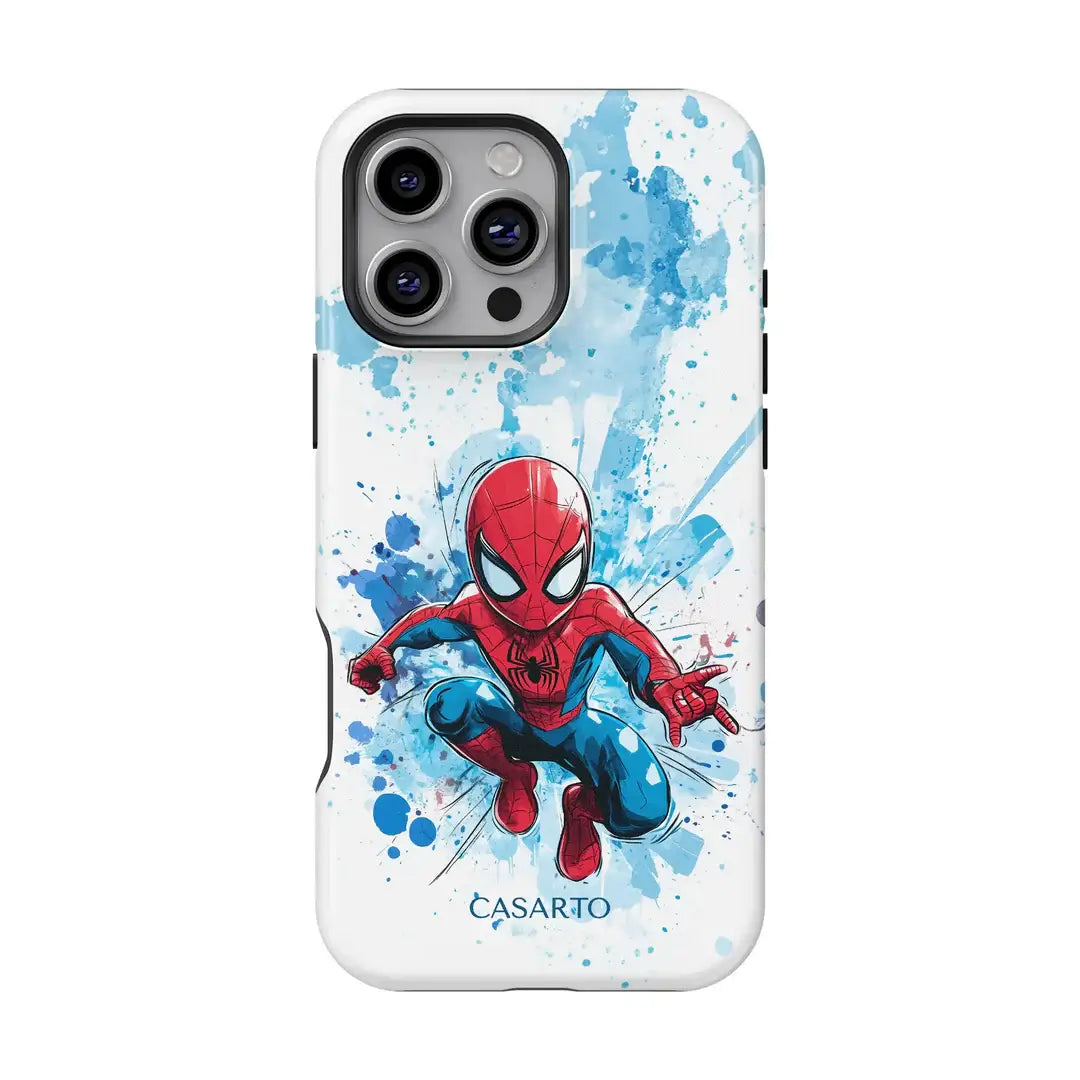 Schützen Sie Ihr iPhone 17 Pro stilvoll mit der Casarto Handyhülle Spider-Man, die einen Cartoon Spider-Man in Aktion auf blauen Aquarellspritzern zeigt. Diese MagSafe kompatible Hülle bietet sowohl lustiges Design als auch zuverlässigen Schutz.