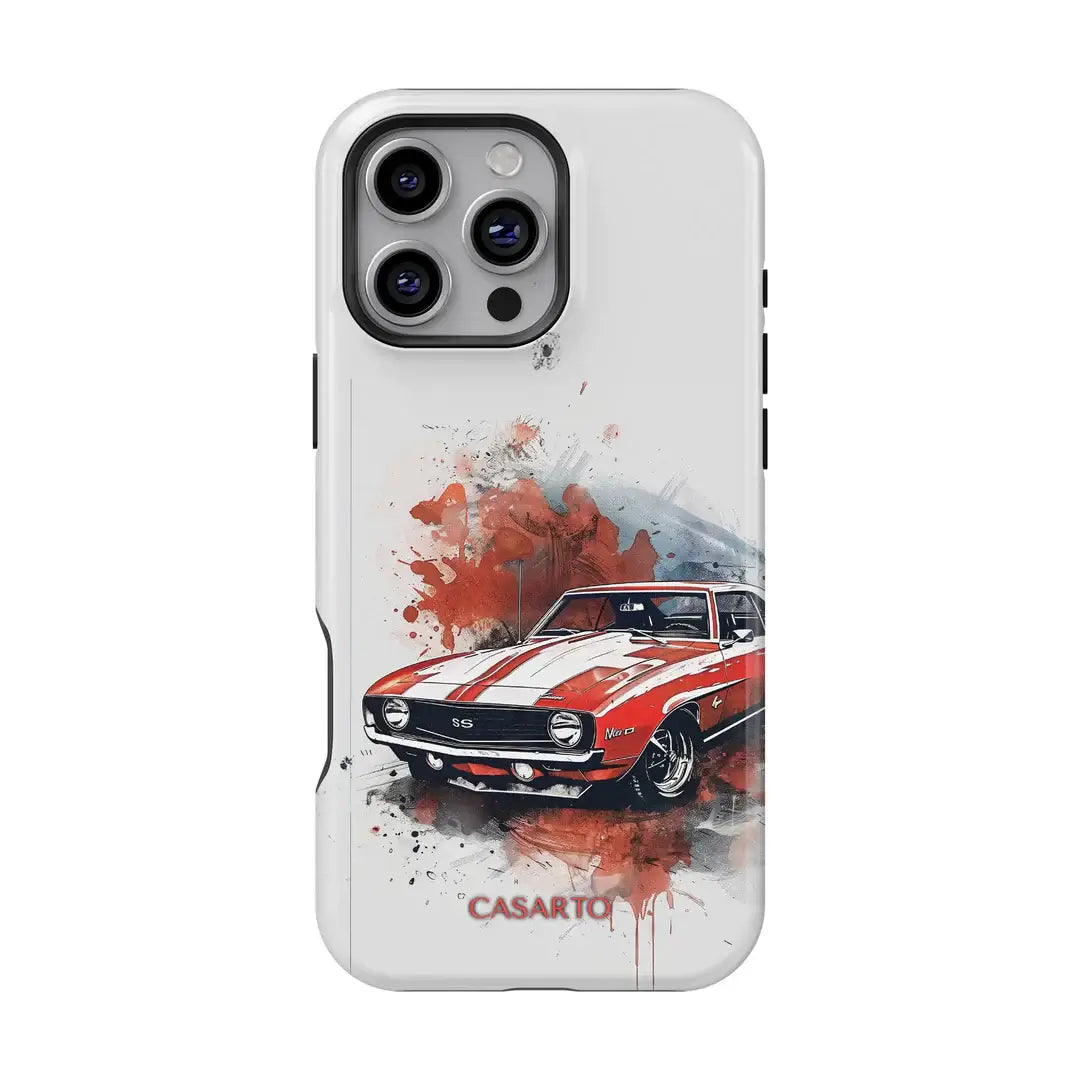 Die Casarto iPhone 16 Handyhülle Camaro zeigt ein rotes Oldtimer-Muscle-Car mit Farbspritzern auf Weiß. Limitierte Art Edition, MagSafe kompatibel - kombiniert Stil und Komfort von Casarto.