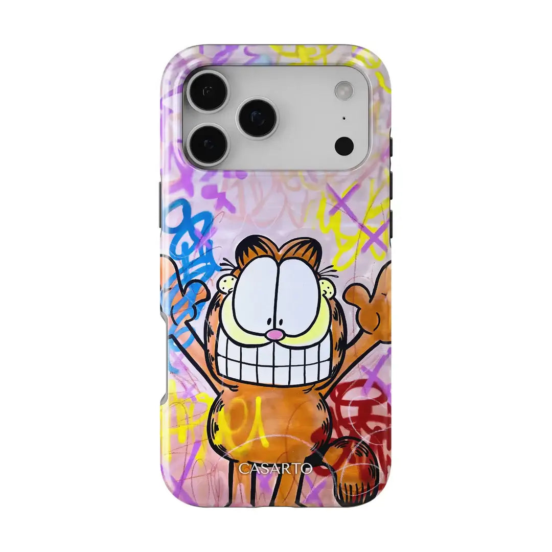 Casarto iPhone 17 Pro Max Handyhülle "Happy Day": Limited Art Edition mit Cartoon Garfield auf einem Hintergrund im Graffiti-Stil, MagSafe kompatibel für einfaches Aufladen.