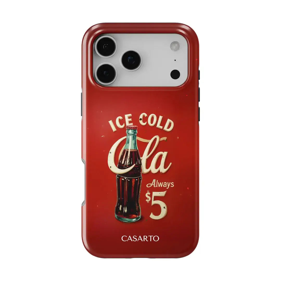 Casarto iPhone 17 Pro Max Handyhülle "Taste the Feeling" mit rotem Vintage-Coca-Cola-Flaschendesign und Text: Ice Cold Cola Always $5. Limited Edition, MagSafe-kompatibel für kabelloses Laden.