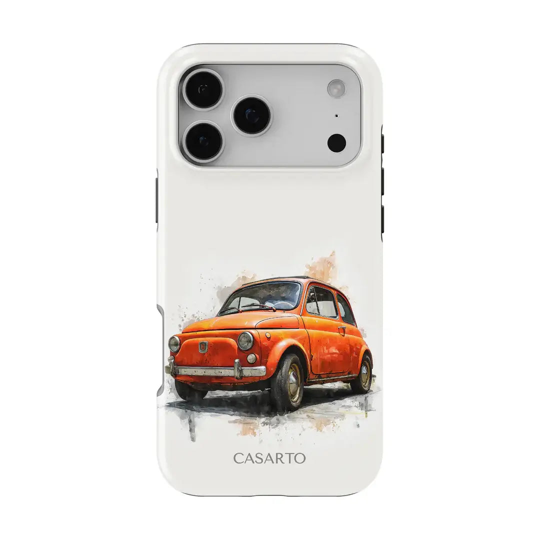 Die iPhone 17 Pro Max Casarto Handyhülle Ciao Bella von Cover-Discount besteht aus einer weißen Hülle mit einem orangefarbenen Oldtimer in Aquarell-Optik und dem Schriftzug CASARTO" darunter und verbindet italienisch inspirierten Stil mit MagSafe-Schutz.