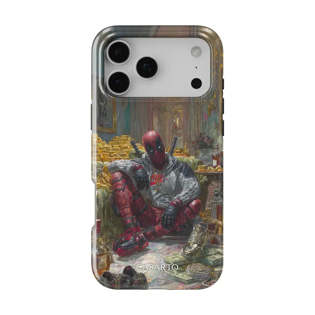 Schützen Sie Ihr iPhone 17 Pro mit der Casarto Handyhülle Deadrich von Cover-Discount, die Deadpool in einem mit Gold gefüllten Raum zeigt. Diese limitierte MagSafe Hülle kombiniert exklusives Design und Spaß - bestellen Sie noch heute!.