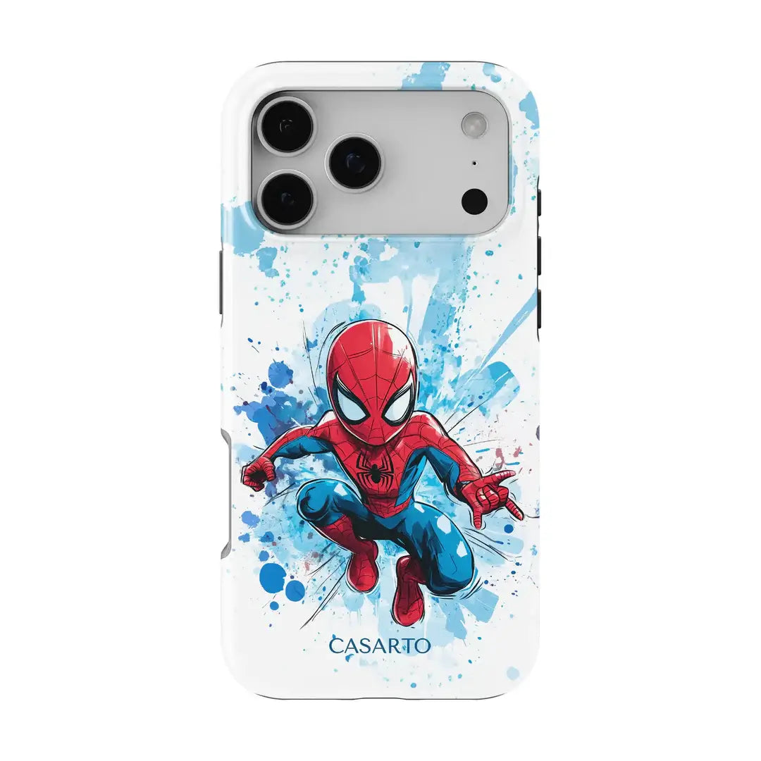 Die iPhone 17 - Casarto Handyhülle Spider-Man zeigt einen Cartoon-Spider-Man vor blauen Farbspritzern und trägt das Casarto-Branding am unteren Rand. MagSafe-kompatibel.