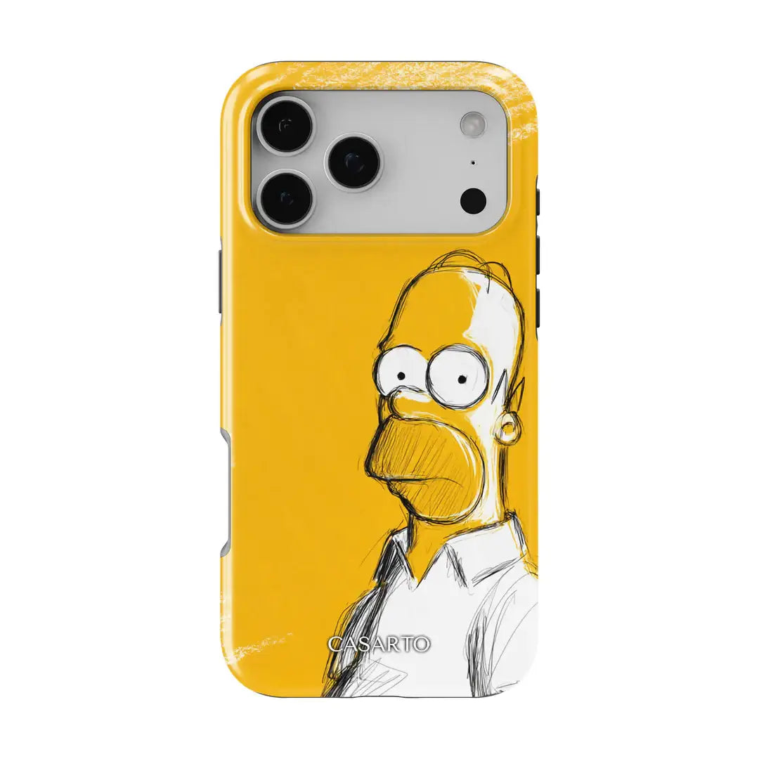 Die Cover-Discount iPhone 17 Pro Max Casarto Handyhülle "No thoughts" ist eine gelbe MagSafe-Hülle mit einem von Homer Simpson inspirierten Cartoon-Charakter, die als Limited Art Edition erscheint.