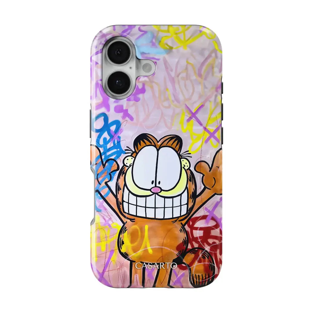 Die Casarto iPhone 17 Pro Handyhülle Happy Day verfügt über ein lebendiges Design im Graffiti-Stil mit einer lächelnden Cartoon-Katze und ist MagSafe-kompatibel für müheloses kabelloses Laden.