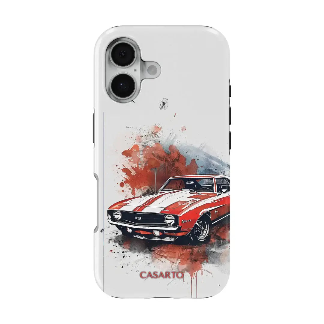 Casarto Handyhülle Camaro für iPhone 17 Pro Max mit rotem Vintage-Muscle-Car, Paint-Splatter-Design und "CASARTO"-Schriftzug. MagSafe-kompatibel für bequemes Laden.