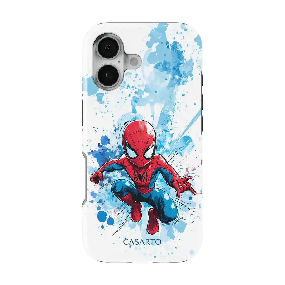 Die Casarto iPhone 16 Handyhülle Spider-Man ist eine limitierte Edition mit bunter Illustration und blauen Farbspritzern, MagSafe-kompatibel für perfekten Halt.