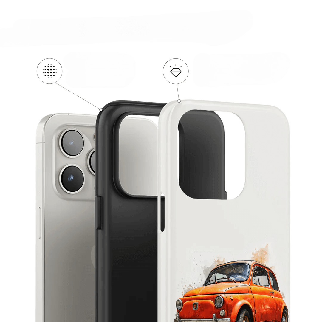Drei Casarto Handyhülle Ciao Bella von Cover-Discount, darunter die weiße Hülle in limitierter Auflage mit einem von italienischem Design inspirierten orangefarbenen Autodruck, werden neben dem iPhone 17 Pro auf weißem Hintergrund gezeigt.