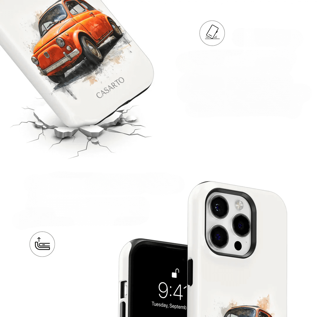 Die Cover-Discount iPhone 17 Pro - Casarto Handyhülle Ciao Bella bietet eine weiße MagSafe Hülle mit einem orangefarbenen Oldtimer, inspiriert von italienischem Design. Von der Rückseite über einer rissigen Oberfläche abgebildet, ist es ein echtes Accessoire in limitierter Auflage.