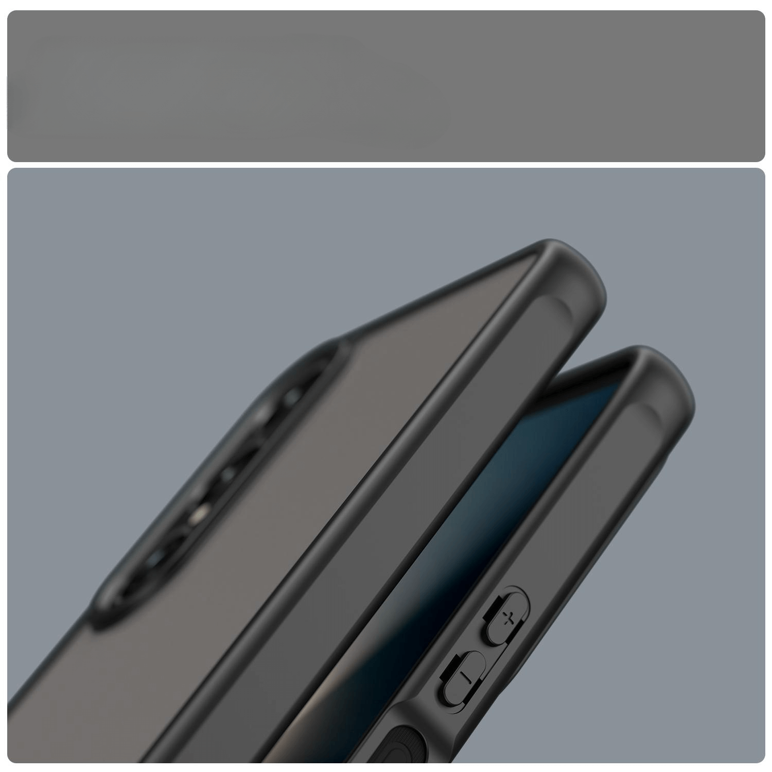 Zwei Sony Xperia 1 VII Smartphones in Cover-Discount Acryl-Handyhülle mit Bumper und Kameraschutz liegen nebeneinander - ein Bildschirm nach oben, einer nach unten - auf einer glatten grauen Oberfläche.