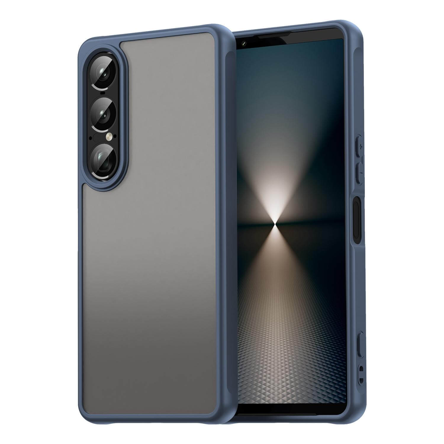 Die Cover-Discount Sony Xperia 1 VII Acryl-Handyhülle mit Bumper und Kameraschutz bietet robusten Schutz, inklusive Ausschnitt für die Triple-Kamera, und wird vorne und hinten am Gerät präsentiert.