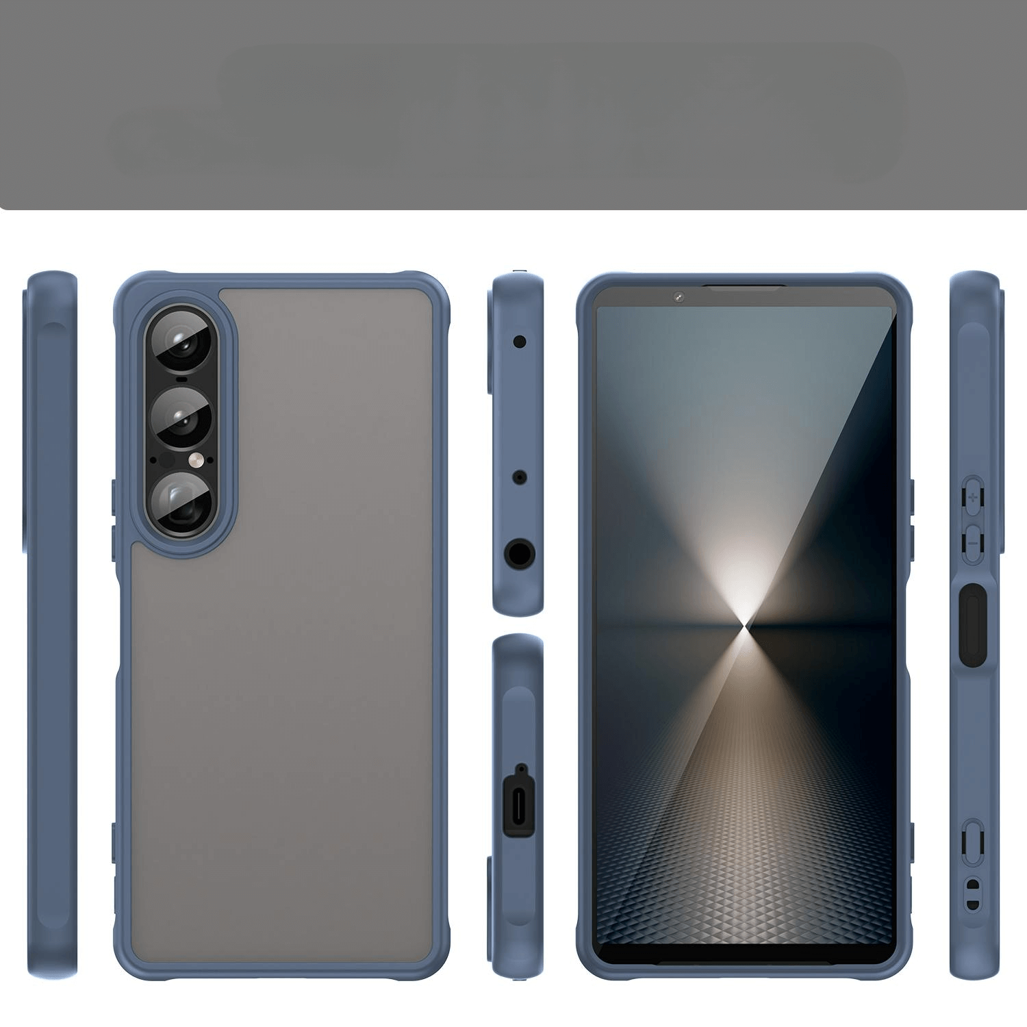 Cover-Discount Sony Xperia 1 VII - Acryl-Handyhülle mit Bumper und robustem Kameraschutz, mit blauem Rand, aus verschiedenen Blickwinkeln gezeigt - Fokus auf Tasten, Anschlüsse und Kameraausschnitt.