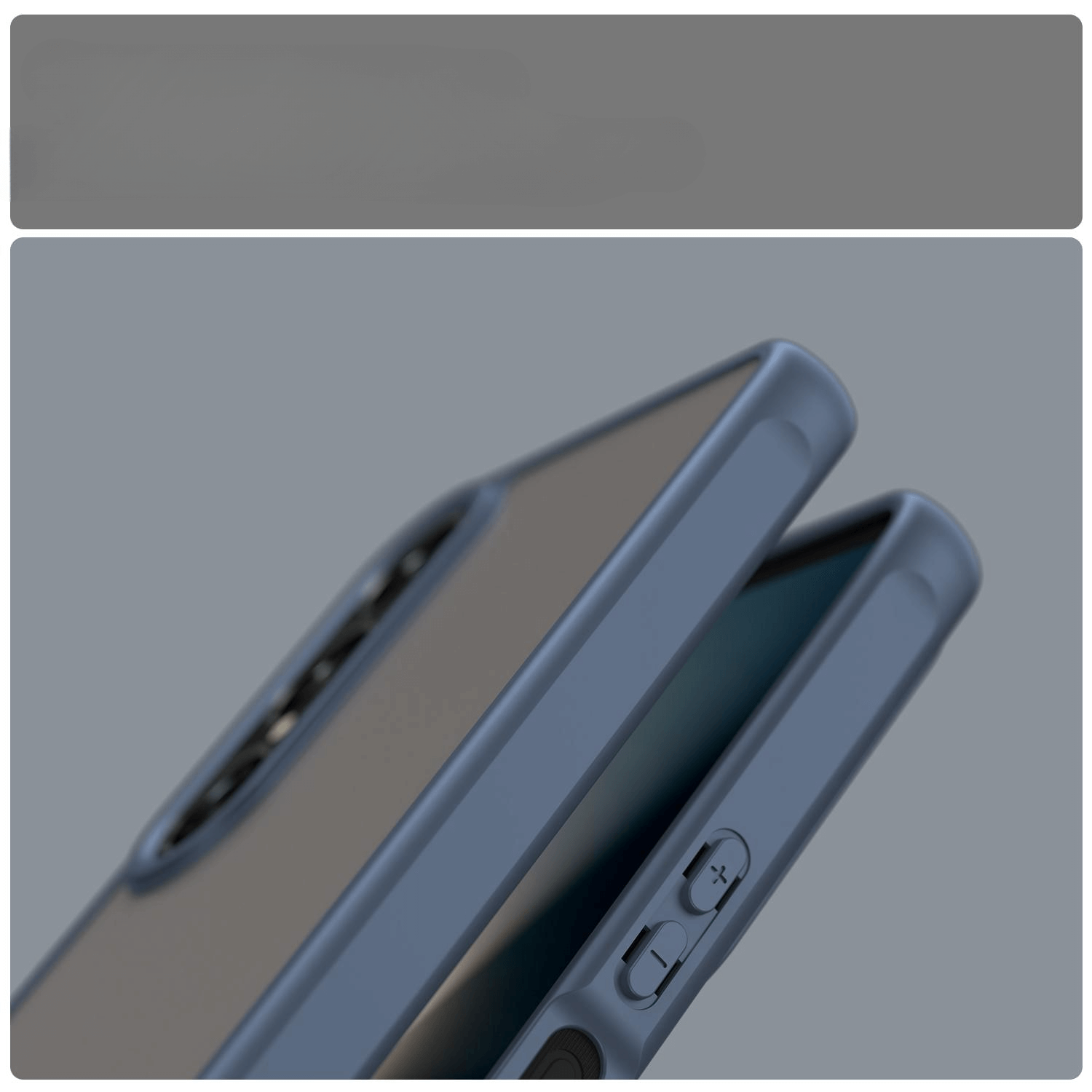 Nahaufnahme von zwei Sony Xperia 1 VII in blauer Acryl-Handyhülle mit Bumper und Kameraschutz von Cover-Discount, mit Fokus auf Seitentasten und Kameraschutz, vor einem grauen Hintergrund.