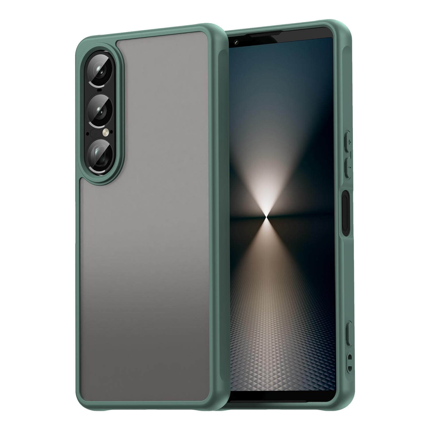 Ein Sony Xperia 1 VII in einer Cover-Discount Acryl-Handyhülle mit grünem Bumper und Kameraschutz zeigt Vorderseite und Kameraausschnitt.