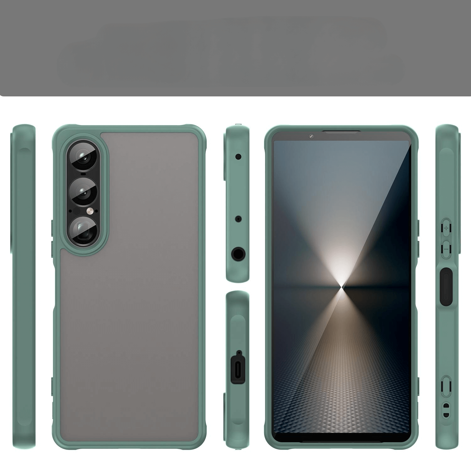 Das Sony Xperia 1 VII in der grünen Acryl-Handyhülle mit Bumper und Kameraschutz von Cover-Discount wird aus mehreren Perspektiven präsentiert, wobei besonders Kameraschutz, Display und Kameraobjektive hervorgehoben sind.