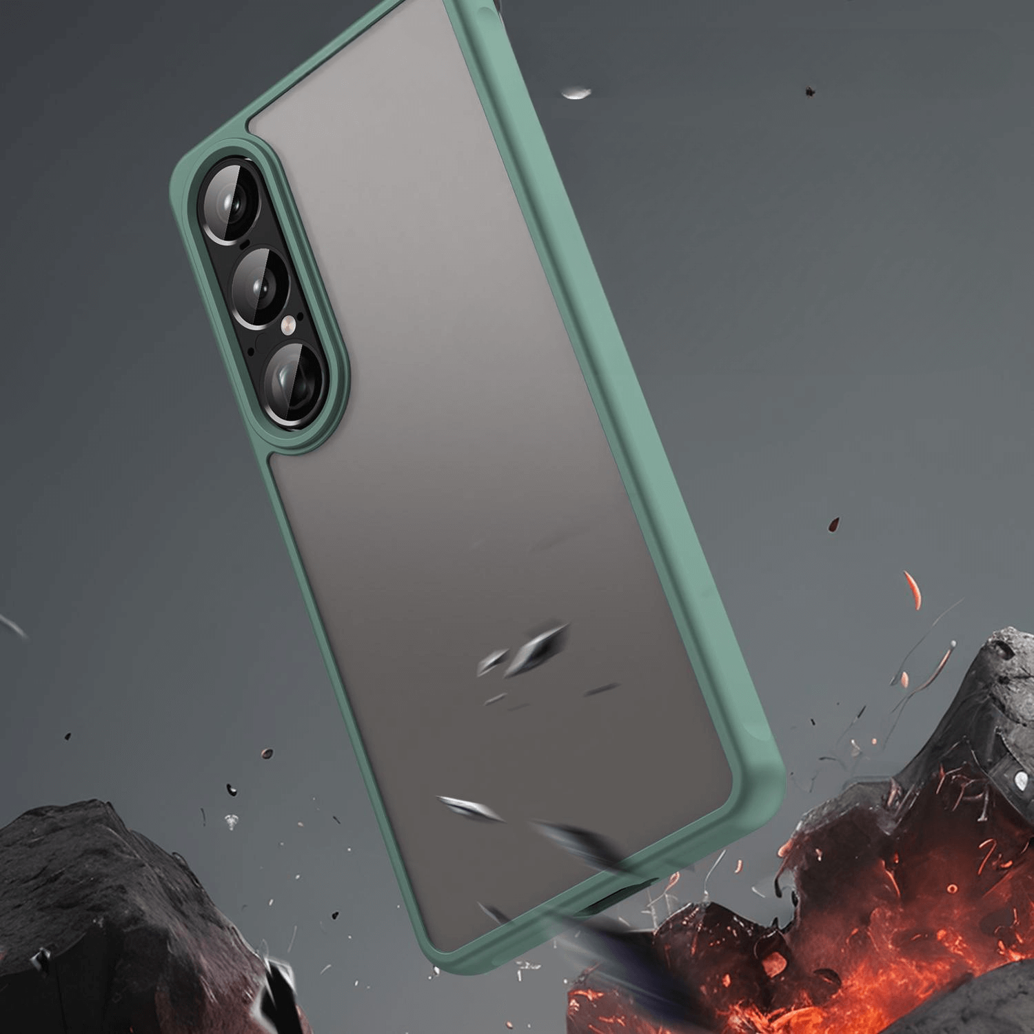 Ein Sony Xperia 1 VII in der Cover-Discount Acryl-Handyhülle mit Bumper und Kameraschutz stürzt auf rissigen, feurigen Boden zu-der Schutz hebt die Robustheit besonders hervor.