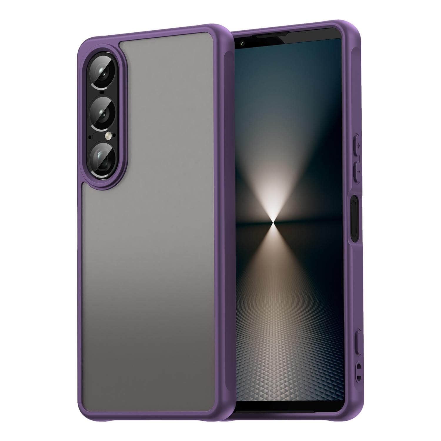 Ein Sony Xperia 1 VII in einer lila Acryl-Handyhülle mit Bumper und Kameraschutz von Cover-Discount, mit Triple-Kamera, steht aufrecht auf einer spiegelnden Oberfläche.