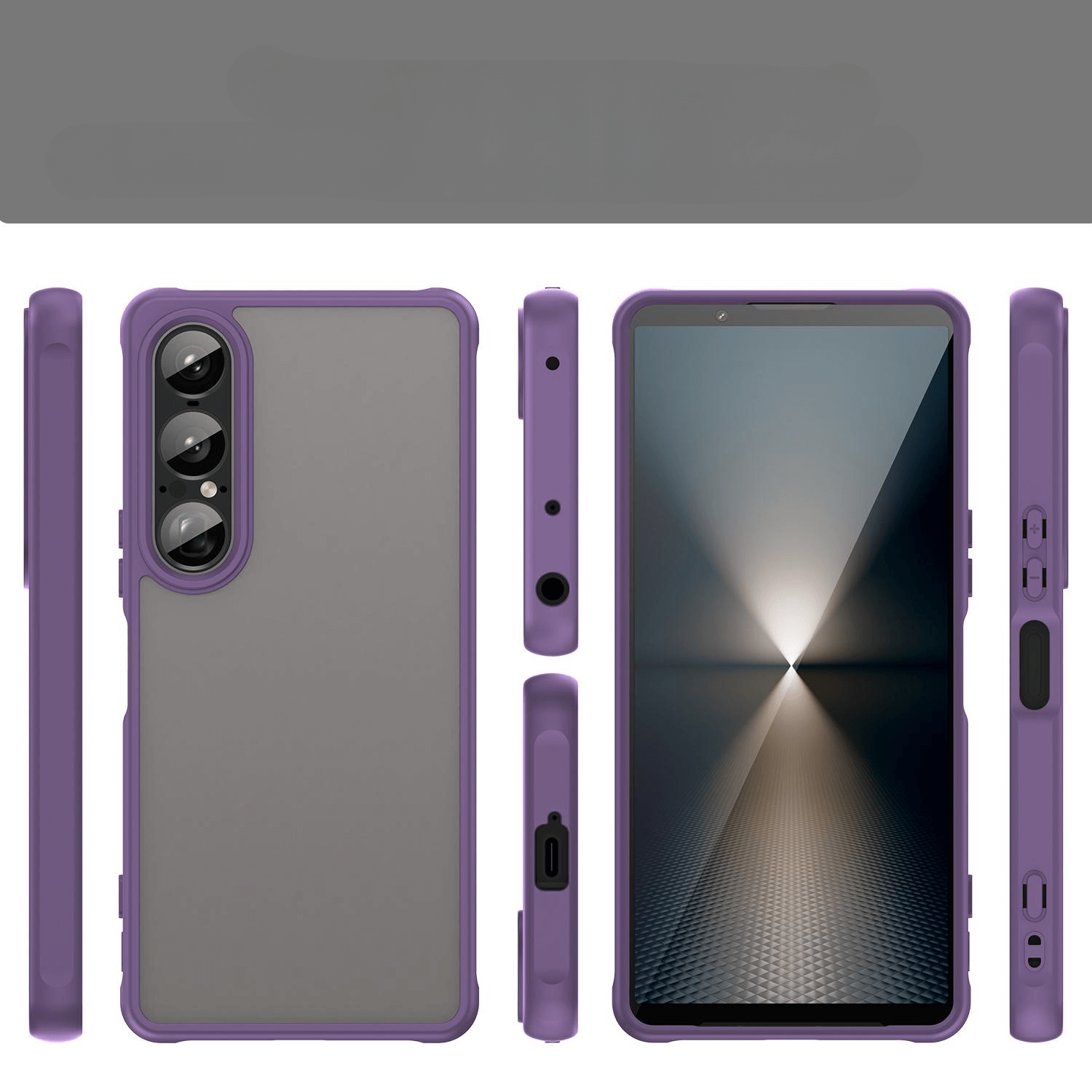 Die Cover-Discount Sony Xperia 1 VII - Acryl-Handyhülle mit Bumper und Kameraschutz, mit lila Akzent, wird von vorne, hinten und seitlich gezeigt.