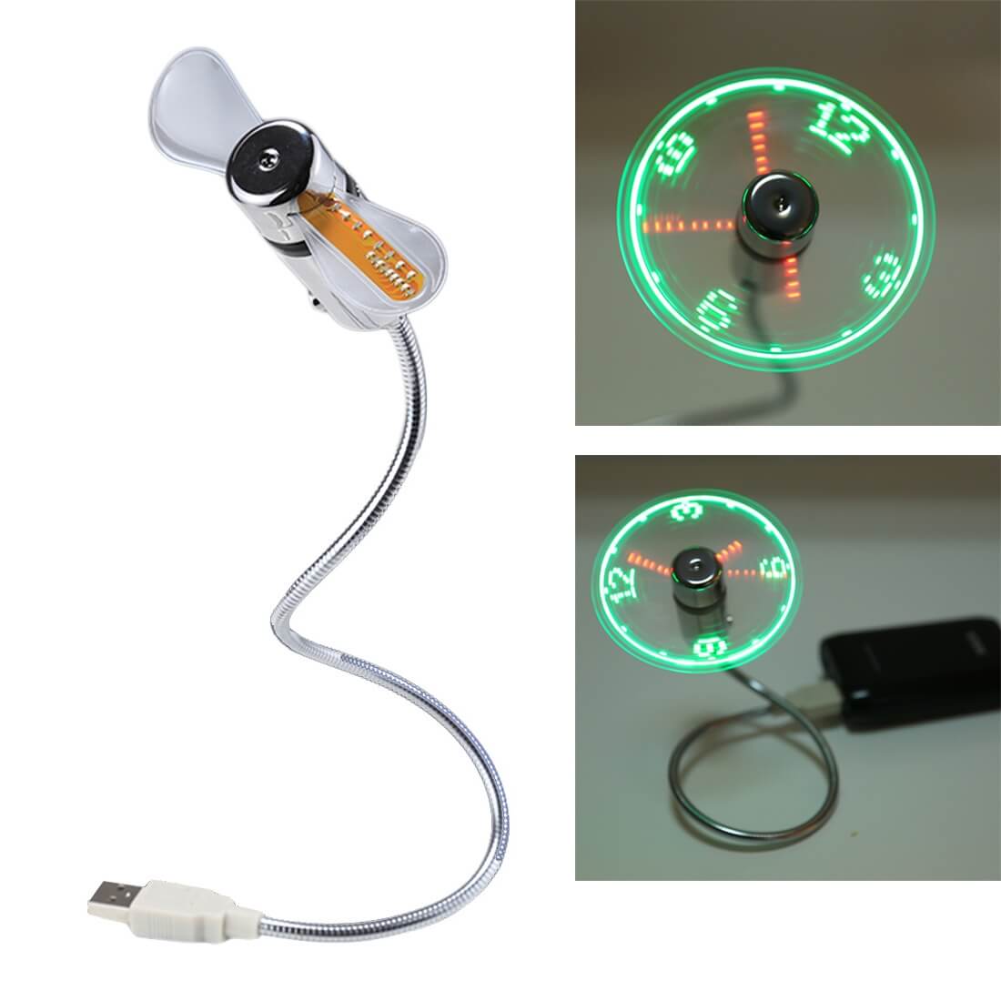 Der Cover-Discount PC USB-Ventilator mit Uhrzeit verfügt über einen flexiblen Hals und zeigt die Uhrzeit beim Drehen in grünen LED-Ziffern an. Abbildung: links: Gesamtansicht; rechts: Digitaluhranzeige im Einsatz.