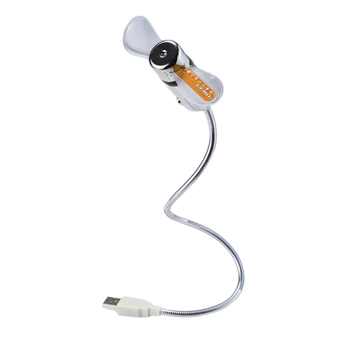 Der Cover-Discount PC USB-Ventilator mit Uhrzeit ist ein USB-betriebener Mini-Ventilator mit flexiblem Schwanenhals und zwei durchsichtigen Flügeln, ideal für den mobilen Einsatz auf dem Schreibtisch.