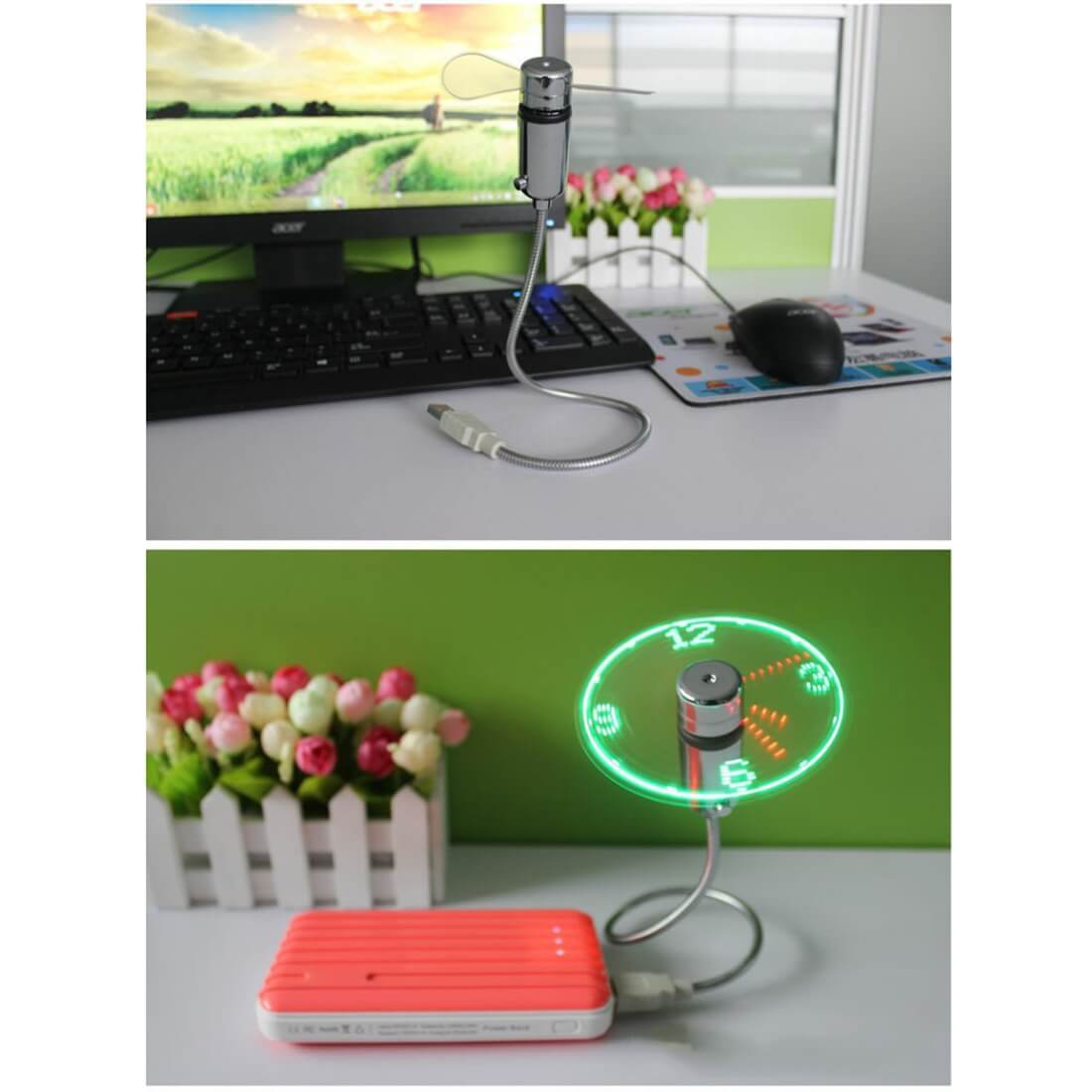 Der Cover-Discount PC USB-Ventilator mit Uhrzeit ist per USB an einen Computer oder eine Powerbank angeschlossen und steht auf einem Schreibtisch mit Blumen.