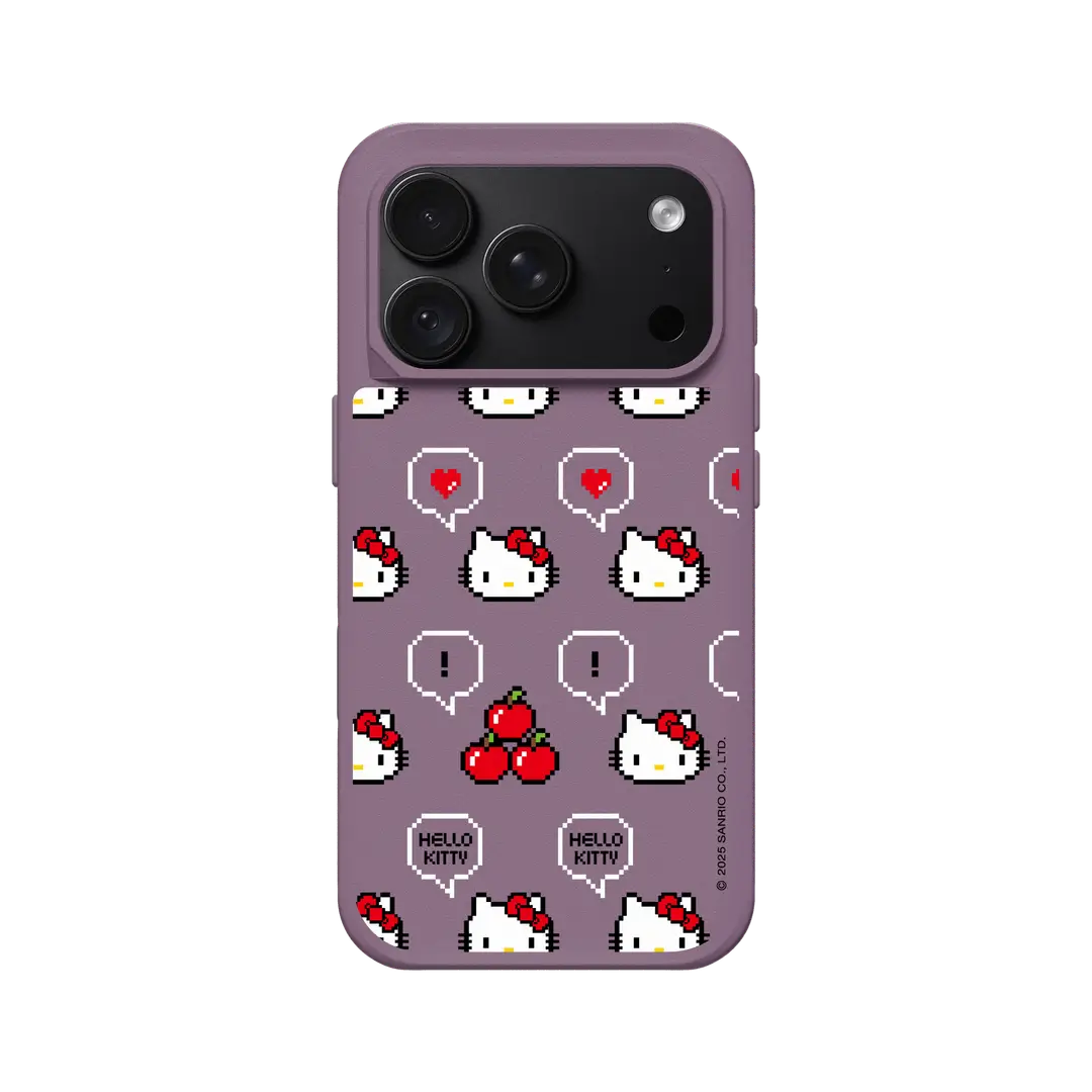 Lila Rhinoshield SolidX Hello Kitty Retro-Hülle mit einem Pixel-Art-Muster aus Kirschen und Seifenblasen.