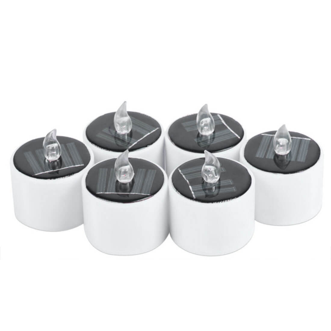 Das Cover-Discount 6er Set LED Solar Teelichter beinhaltet sechs weiße, runde flammenlose Kerzen mit Flammenspitzen aus Kunststoff, angeordnet in zwei Reihen.