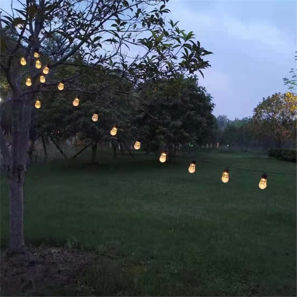 Die Solar-LED-Lichterkette mit Glühbirnen von Cover-Discount hängt zwischen Bäumen und spendet bei Einbruch der Dämmerung stimmungsvolles, warmes Licht für Rasen- und Gartenbeleuchtung.