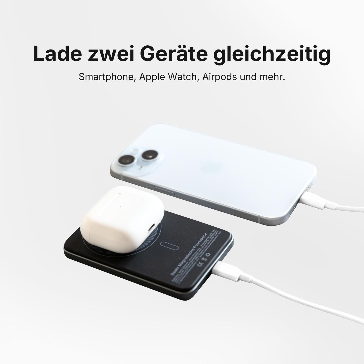 SEEKR SWISS SEEKR Power Mag - Schwarz 5000 mAh: Kabelloses Schnellladen und gleichzeitiges Laden von Smartphone und AirPods dank ultradünnem Design und Dual-Charging-Funktion.