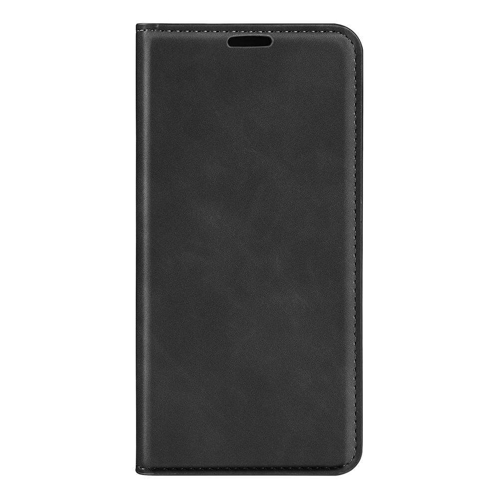 Die Cover-Discount Sony Xperia 1 VII - Stand Flip Case Hülle ist eine geschlossene schwarze Leder Handyhülle mit sichtbaren Nähten, entworfen für Ihr Sony Xperia 1 VII, abgebildet auf weißem Hintergrund.