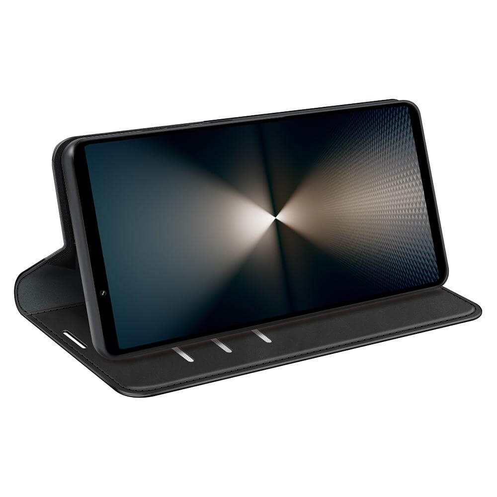 Das schwarze Cover-Discount Sony Xperia 1 VII - Stand Flip Case Hülle ist horizontal abgebildet und wird als Ständer bei eingeschaltetem Handy-Display verwendet.