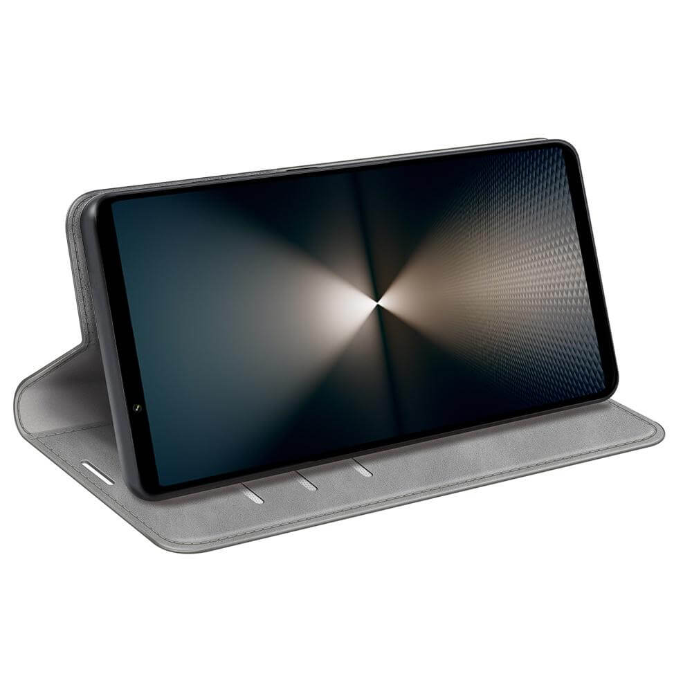 Sony Xperia 1 VII in einem grauen Cover-Discount Stand Flip Case Hülle, im Querformat aufgestützt, zeigt ein dunkles abstraktes Muster auf dem Bildschirm.