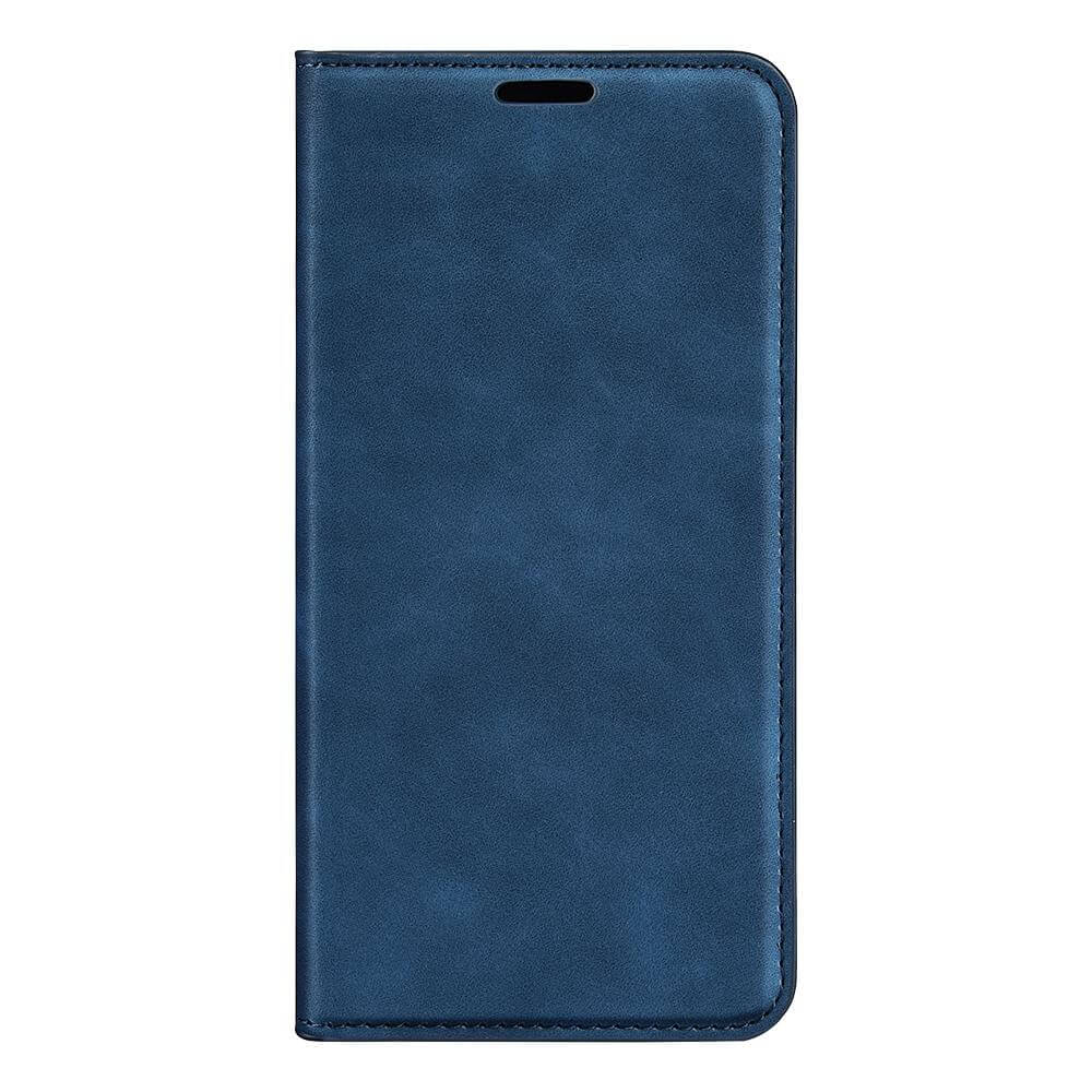 Das Cover-Discount Sony Xperia 1 VII Stand Flip Case Hülle in dunkelblauem Leder verfügt über eine Frontabdeckung und ist geschlossen auf weißem Hintergrund abgebildet und bietet sowohl stilvollen Schutz als auch Funktionalität.