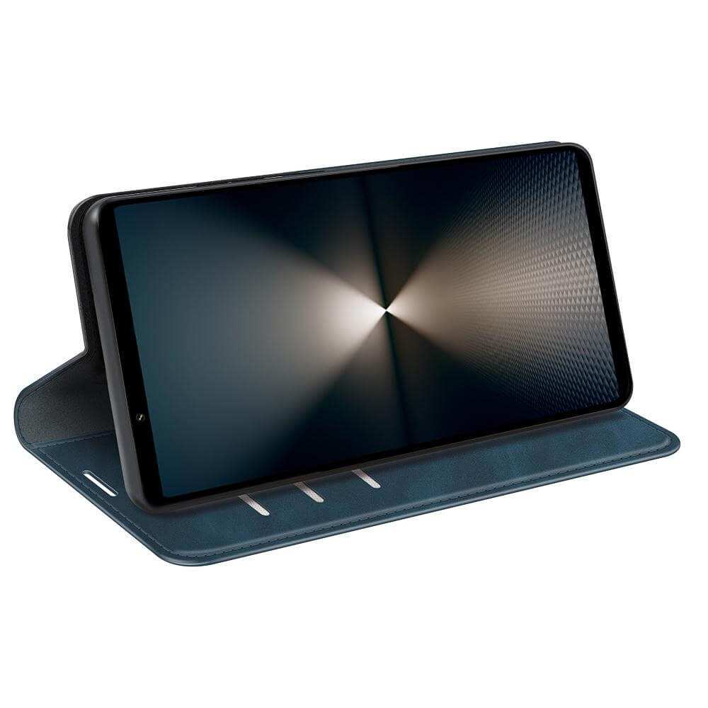 Ein Cover-Discount Sony Xperia 1 VII - Stand Flip Case Hülle in blau, horizontal gesetzt, zeigt eine lebendige geometrische Muster auf dem Bildschirm.