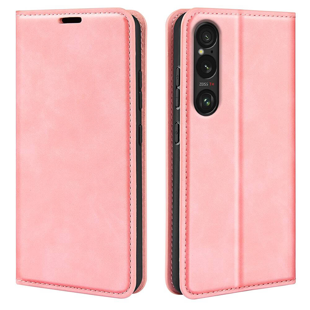 Zwei Ansichten des rosafarbenen Cover-Discount Sony Xperia 1 VII - Stand Flip Case Hülle, von vorne und hinten geschlossen dargestellt.