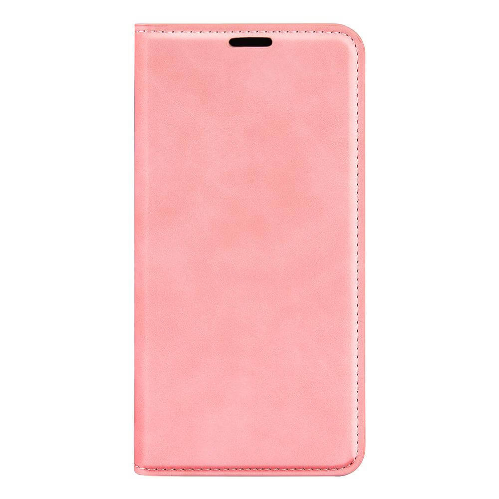 Das Cover-Discount Sony Xperia 1 VII - Stand Flip Case Hülle aus pinkfarbenem Leder verfügt über abgesteppte Kanten, eine Frontabdeckung und ein Stand Flip Design, das geschlossen gezeigt wird.
