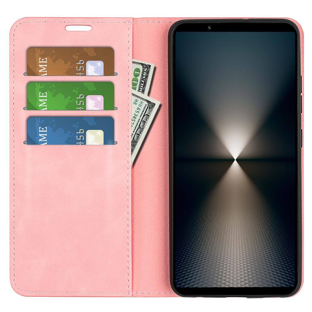 Das Cover-Discount Sony Xperia 1 VII Stand Flip Case Hülle in Pink bietet Platz für drei Karten, Bargeld und Ihr Telefon mit einem geometrischen Hintergrundbild - idealer Schutz und Komfort für Ihr Xperia 1 VII.